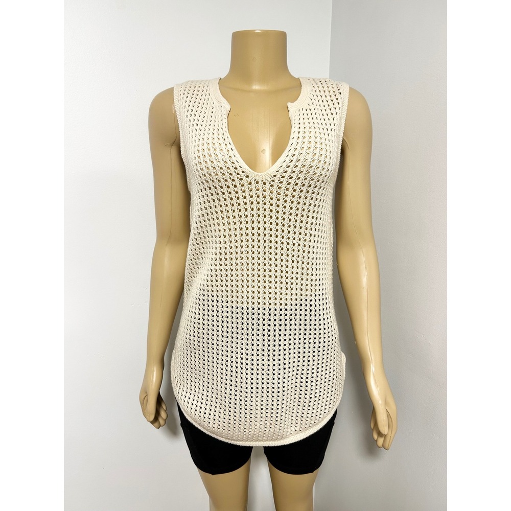 Jeanne Pierre Womens Cream 100% Cotton Open Knit Mesh V-Neck Tank Top Size M